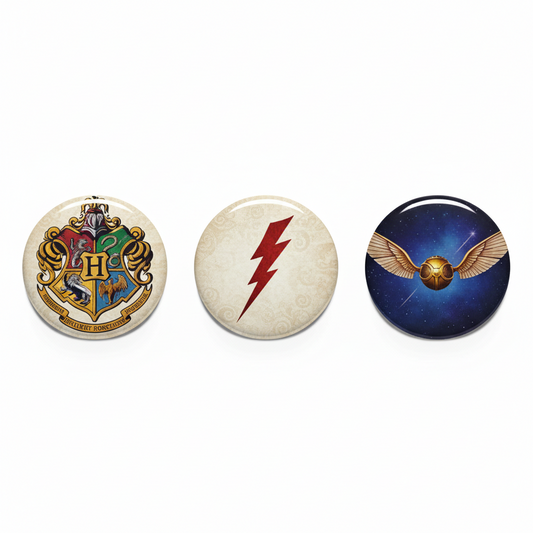 Set of 3 round pinback buttons, 2.25-inch, colorful wizard emblems with crest, lightning, and wings