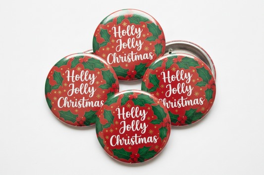 Christmas holly pinback buttons, red-green with 'Holly Jolly Christmas' text