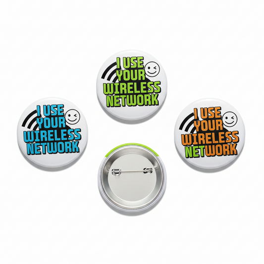 3-piece 2.25-inch wireless network pinback badge set, round buttons with colorful slogan