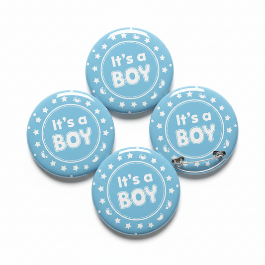 Set of four “It’s a BOY” blue button pinback badges with safety pin backs