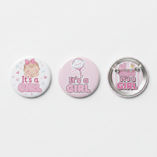 Set of 3 round button pinbacks, "It's a GIRL" with pastel baby graphics