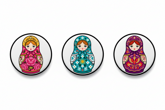 Set of 3 round matryoshka pinback buttons, colorful nesting dolls in pink, blue, red