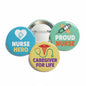 Set of three circular nurse pinback buttons: blue, green, and yellow designs