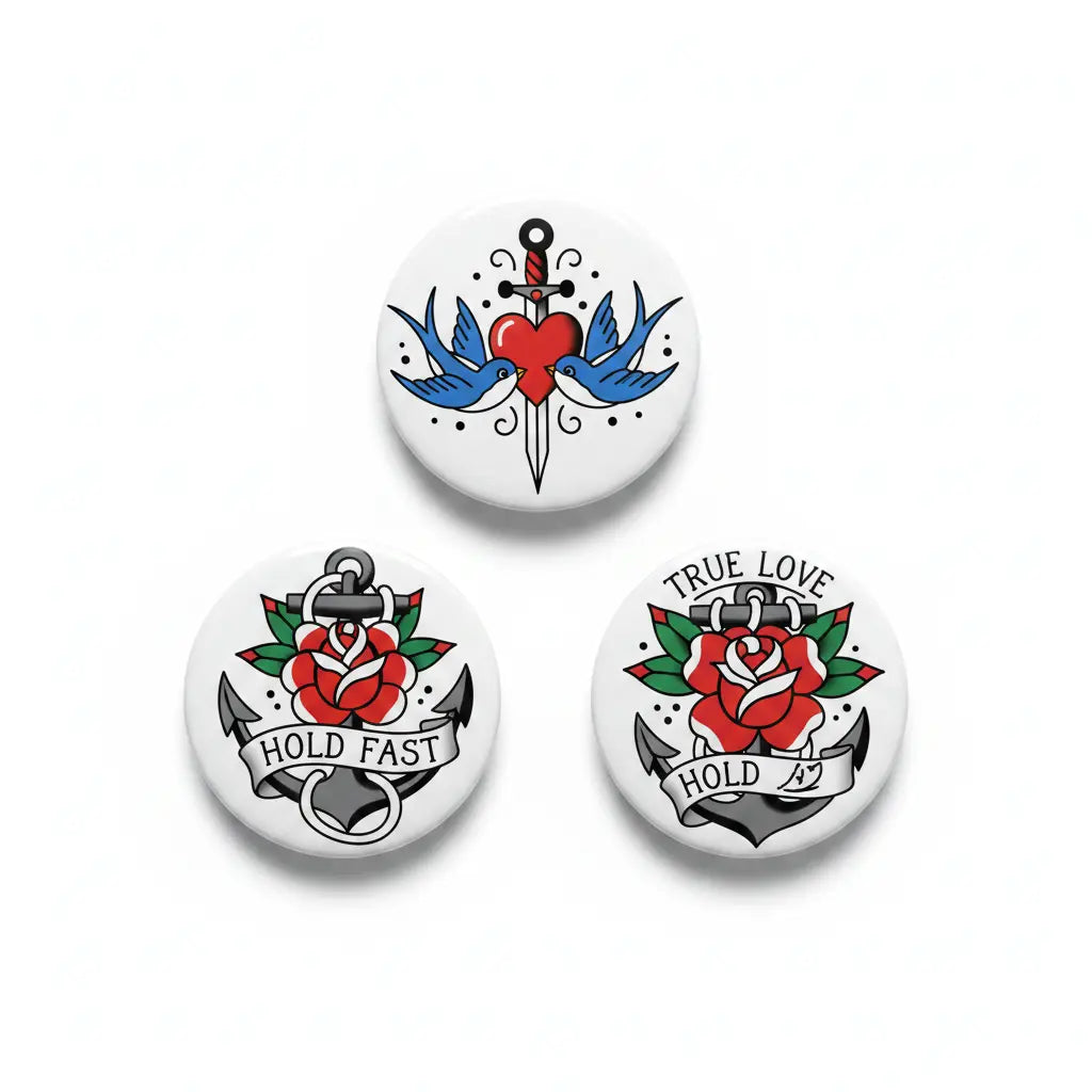 Three tattoo-style pinback buttons, 2.25-inch, colorful rose and bird designs