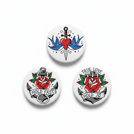 3 Pcs Old School Tattoo Pinback 2.25-inch