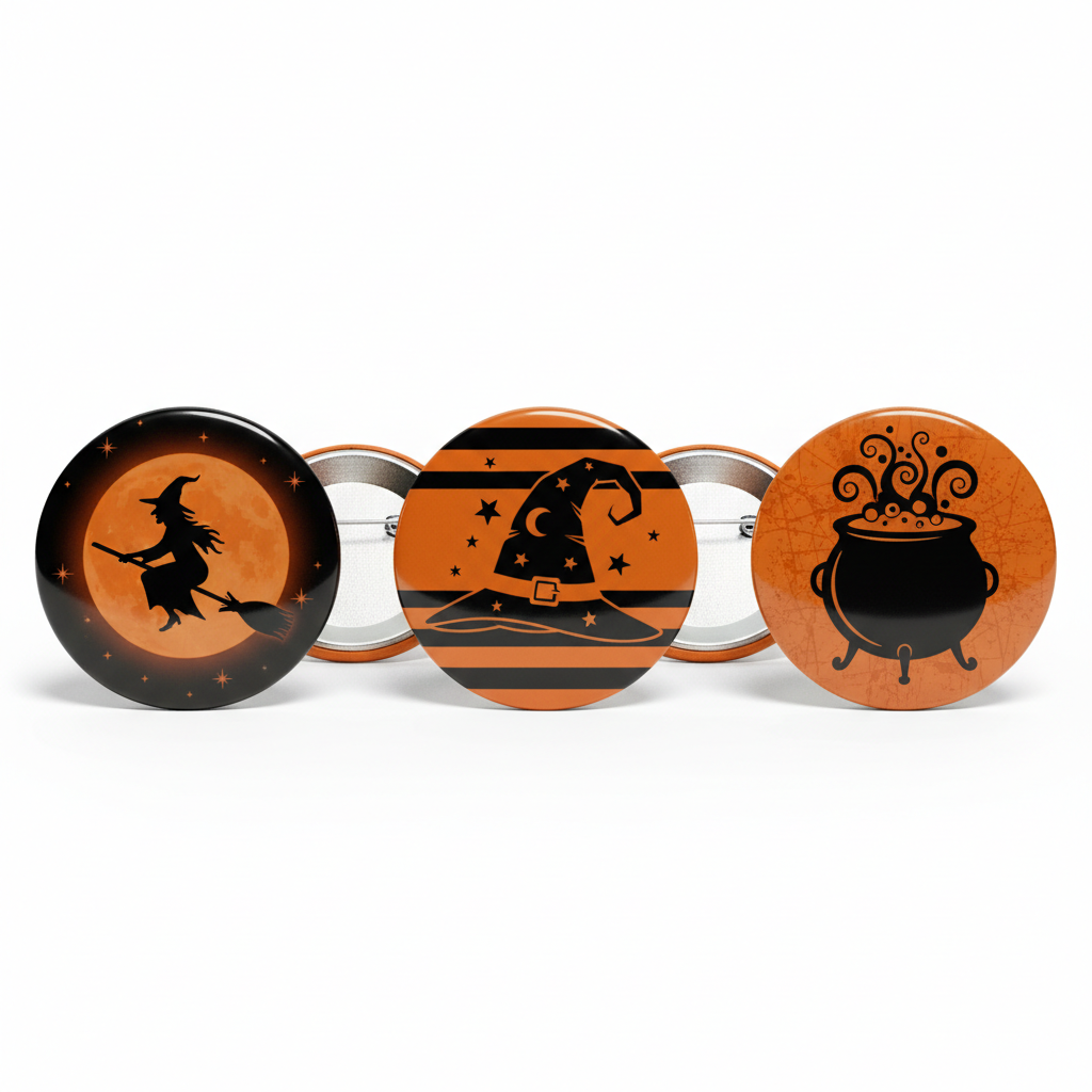 3 Pcs Orange & Black Witch Pinback 2.25-inch