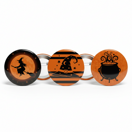 Set of three round witch pinback buttons, orange and black with hat, stars, cauldron
