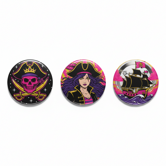 Set of three round pirate princess button pinbacks, skull, pirate hat, ship artwork