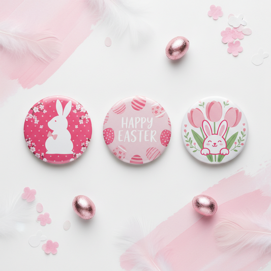 Set of three pink Easter pinback buttons with bunny and 'Happy Easter' text, 2.25 in