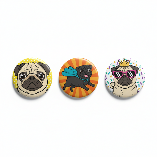 Set of three round pug pinback buttons: pug face, blue bandana, crown & sunglasses