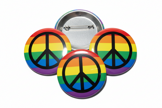 Set of 3 rainbow peace symbol pinback buttons, round with silver backing and safety pins