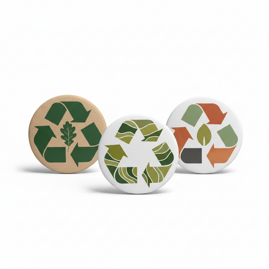 Set of three 2.25-inch recycle symbol pinback buttons, round green and white designs