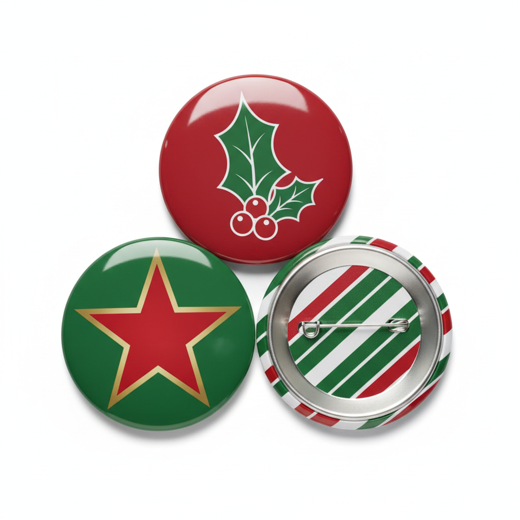 Festive Pin Buttons set of three: red holly, green star, green-and-white stripe