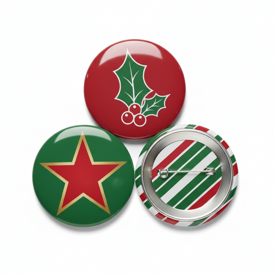 Festive pinback buttons set of three: red holly, green star, green-and-white stripe