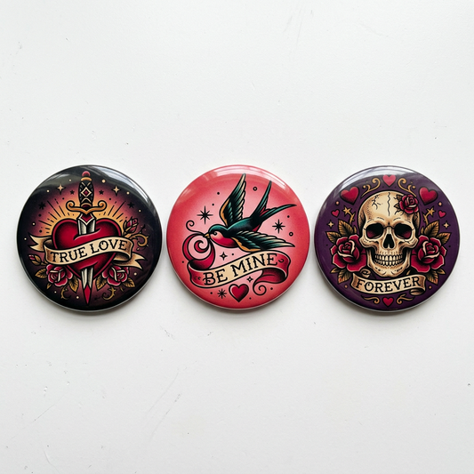 3 Pcs Tattoo Valentine’s Day Pin Button 2.25-inch