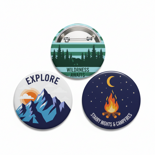 3-piece round pinback set: Explore, Wilderness Awaits, and Starry Nights & Campfires