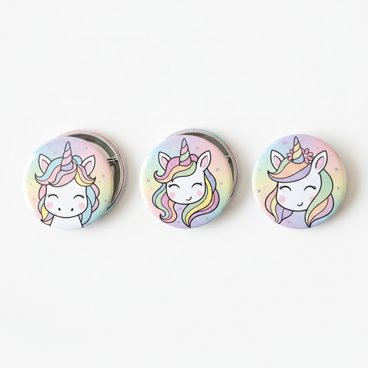 Set of three pastel unicorn button pinback pins with smiling round faces