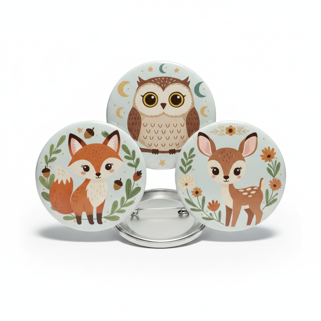 3 Pcs Woodland Creatures Pinback 2.25-inch