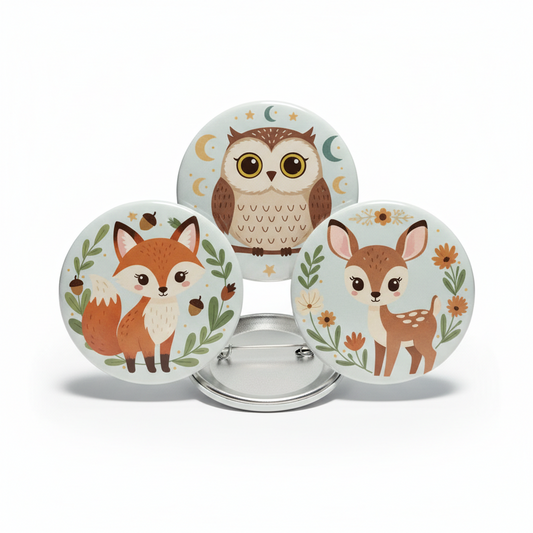 Woodland creatures pinback buttons set, three 2.25-inch round animal designs
