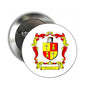 Round coat of arms pinback badge with colorful shield, red and gold, silver edge