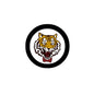 Circular tiger face pinback badge with red bow detail, 2.25-inch