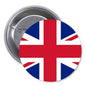 Round UK Union Jack pinback button with metal clasp on the back