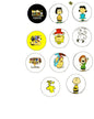 Set of nine circular character magnets with cartoon kids and mascots