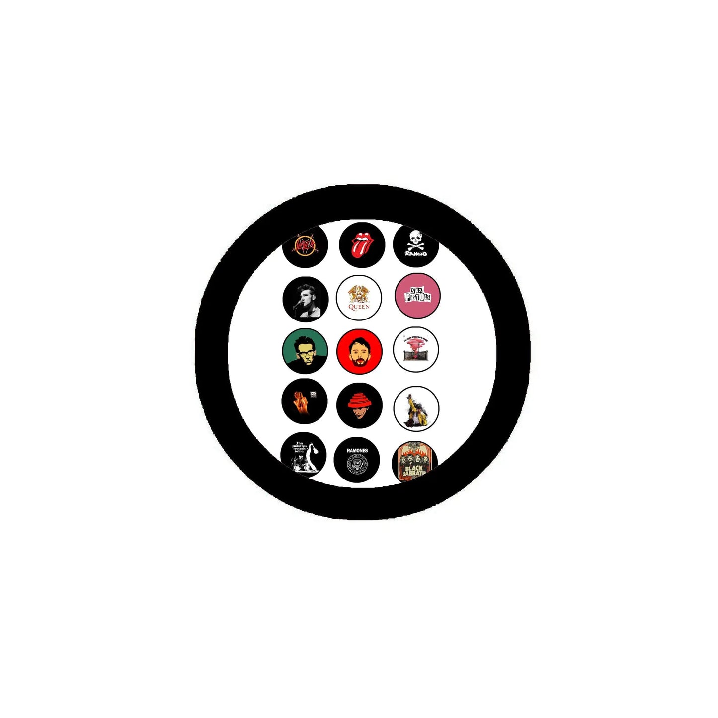 Round black holder with assorted small circular music and band pins