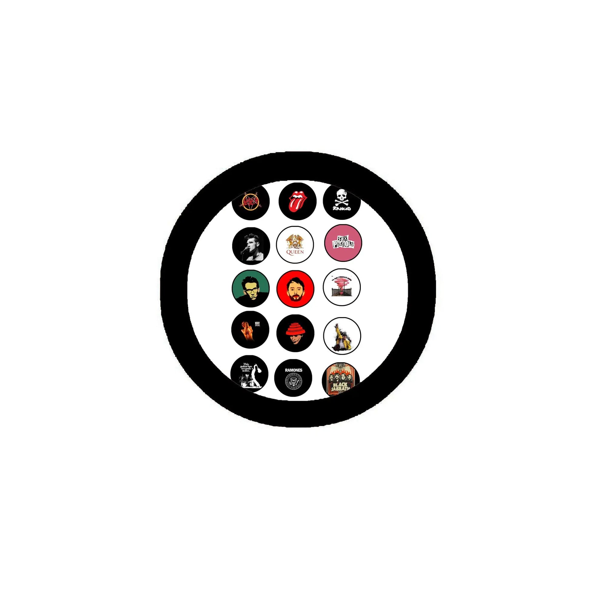 Round black holder with assorted small circular music and band pins