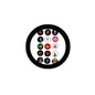 Round black holder with assorted small circular music and band pins
