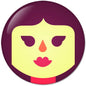 Maroon circular pinback button with yellow face, red tears and sad mouth