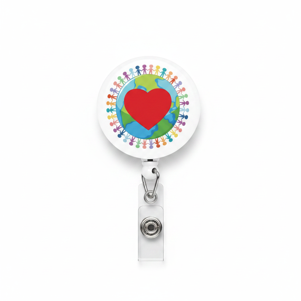 Retractable badge reel with earth-heart design, metal clip and clear pull cord