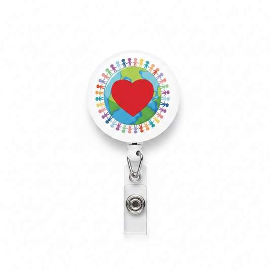 Retractable badge reel with earth-heart design, metal clip and clear pull cord
