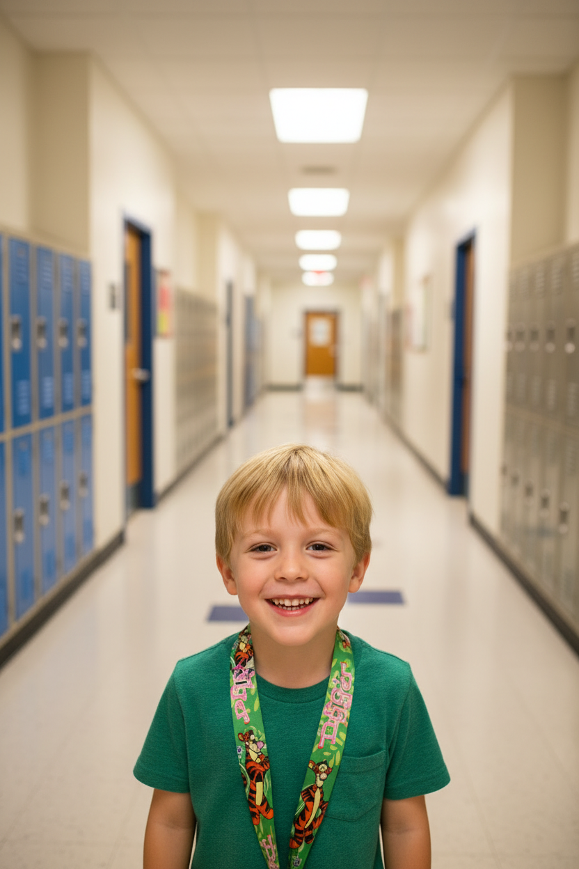 Little Tigger green character lanyard with metal clip, worn by child