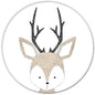 Cute deer face pinback button with black antlers, tan and beige hand-drawn design