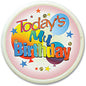 Birthday pinback button with “Today’s My Birthday” colorful text and star confetti design