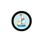 2.25-inch sailboat button badge pinback with black rim and ocean wave background