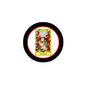 3-inch round enamel family crest pinback, black ring with colorful shield center