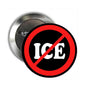 Round pinback button with red slash over ICE text on black center