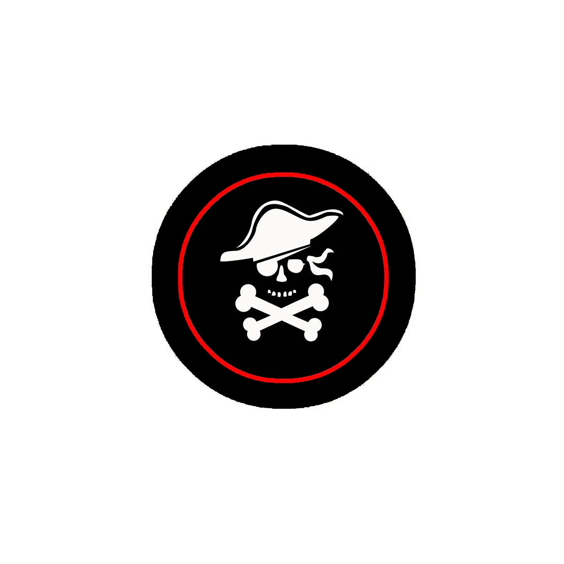Round pirate lapel pin with black face, red border, and white skull & crossbones