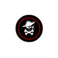 Round pirate lapel pin with black face, red border, and white skull & crossbones