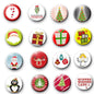 Christmas pinback button set with 16 circular badges, assorted holiday character and gift designs.