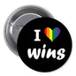 Rainbow heart I Love Wins pinback button, black circle, 1.25-inch
