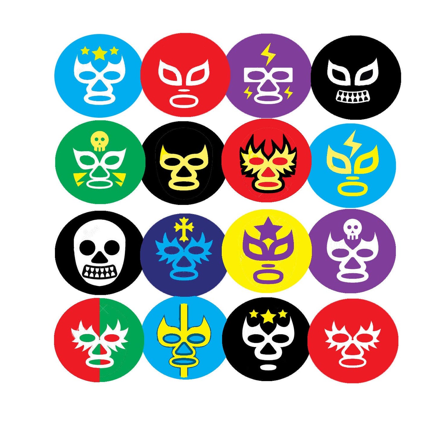 Colorful Cartoon Mexican Wrestling Set Angry Faces Styles 12 Pcs Pinback 1.25" for Jackets, Backpacks, etc.