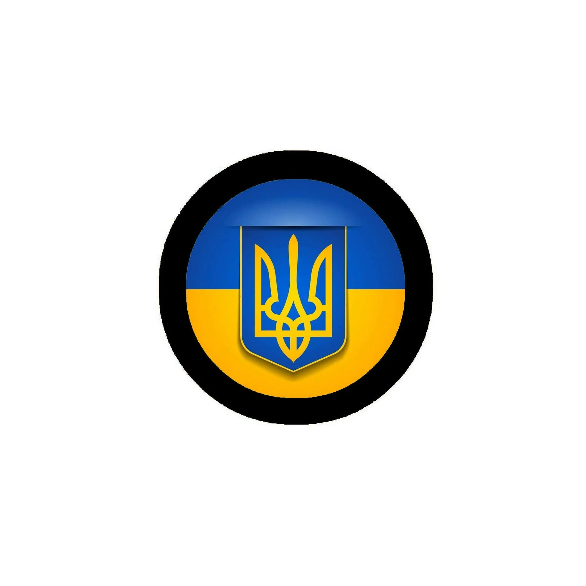 Round Ukraine flag pinback with coat of arms emblem in blue and yellow, black outer ring