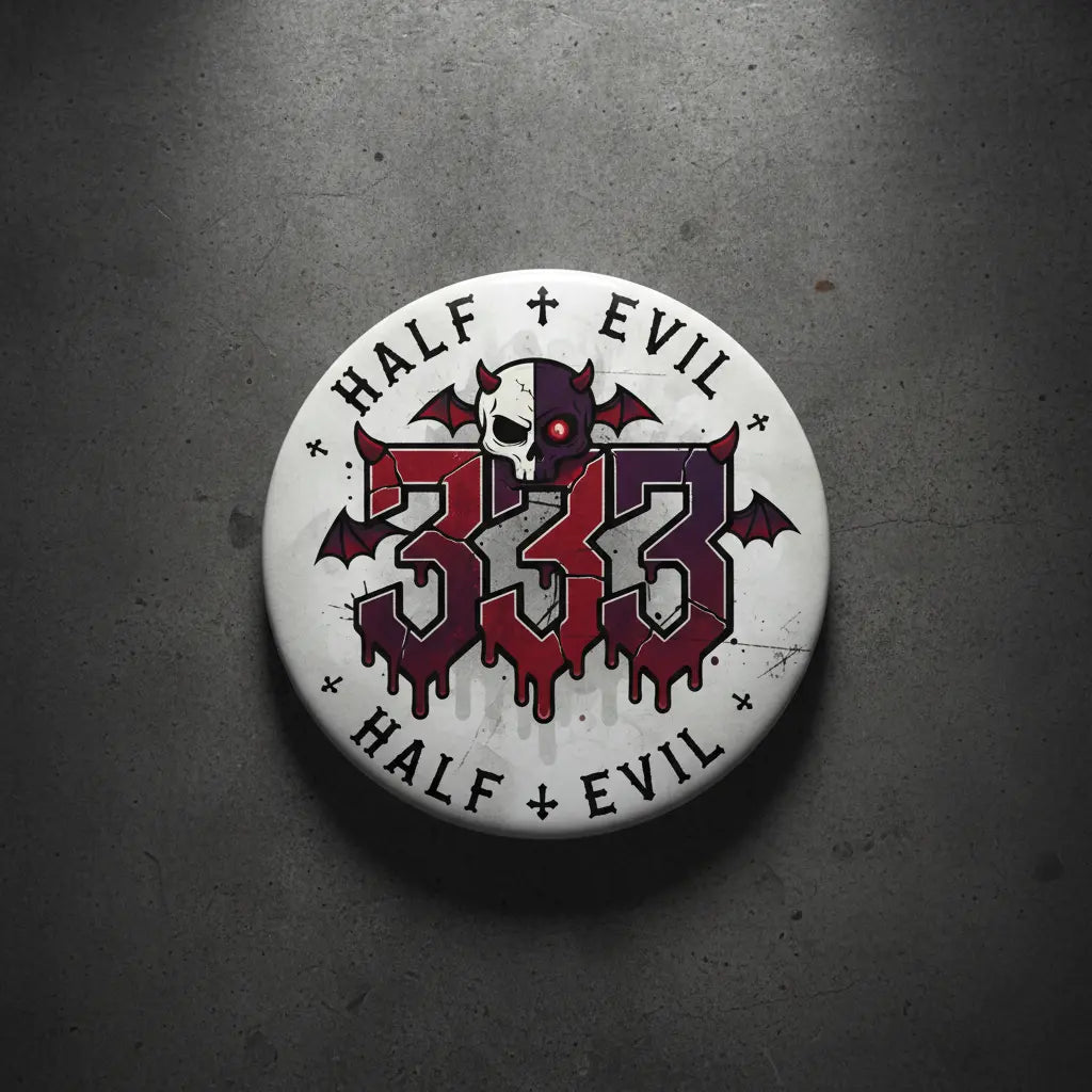 Half Evil 333 round pinback button, white with red 333 and skull bat design