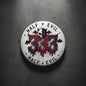 Half Evil 333 round pinback button, white with red 333 and skull bat design