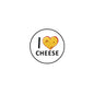 Round white pinback button with heart cheese graphic and "I CHEESE" text