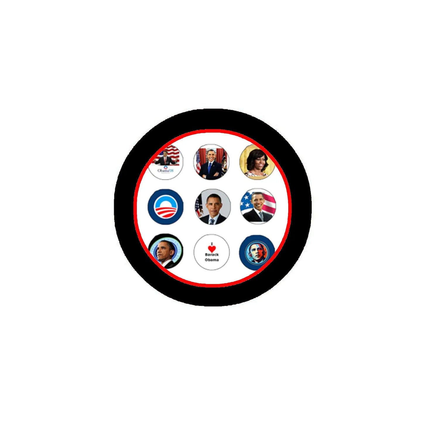Set of 7 Barack Obama presidential portrait pins in round display