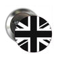 Round pinback badge with black and white Union Jack design